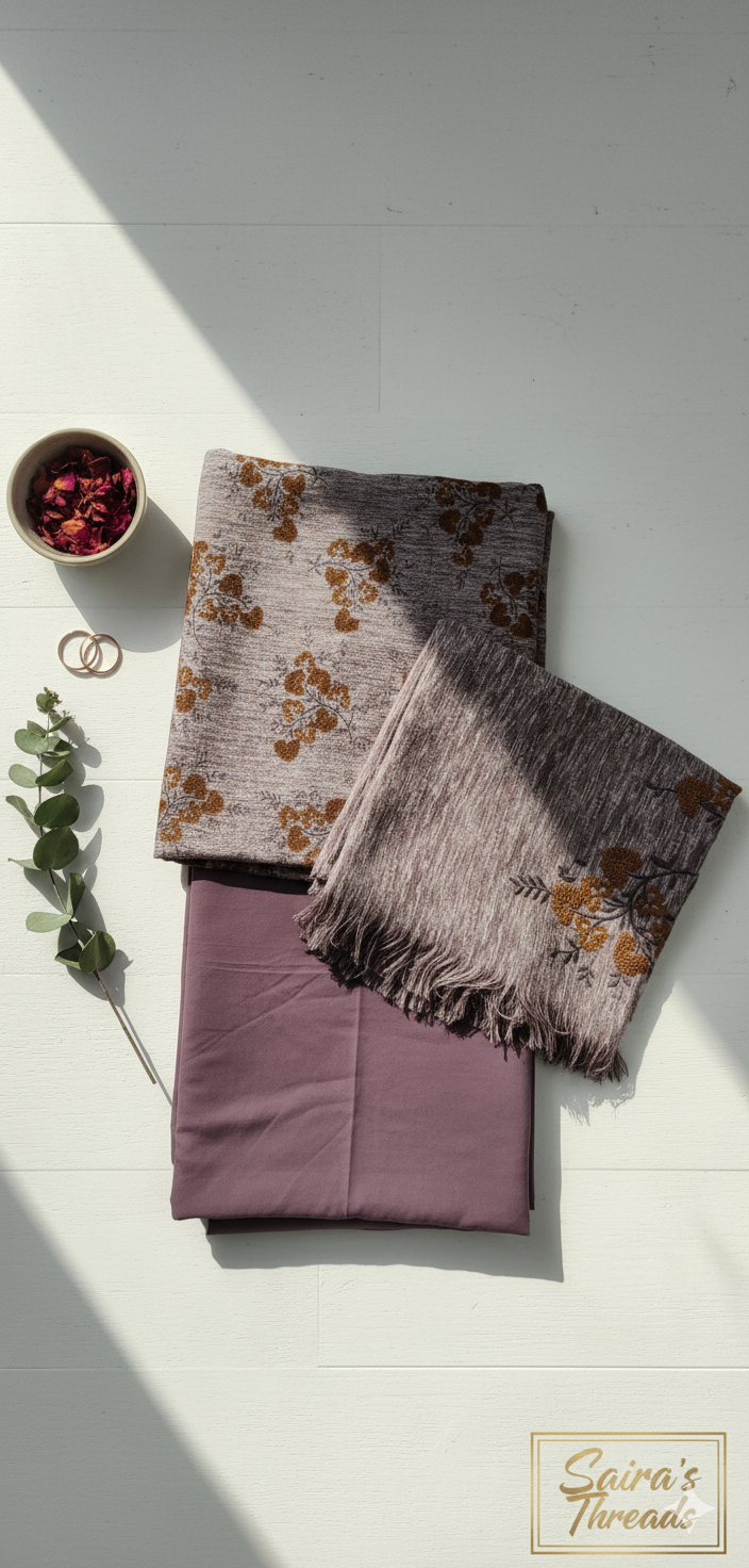 MS 3Pc Plum Pashmeena Shawl suit