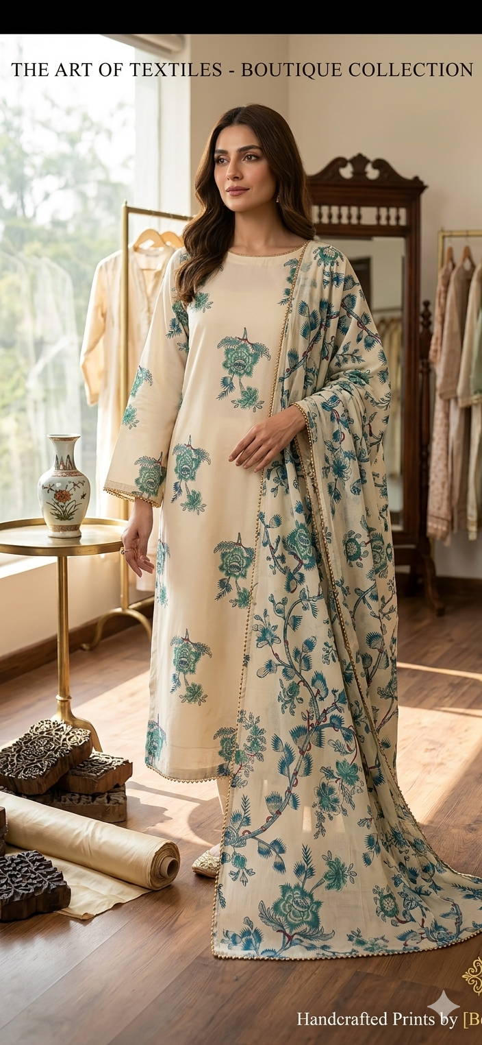 2pc lawn printed off white suit