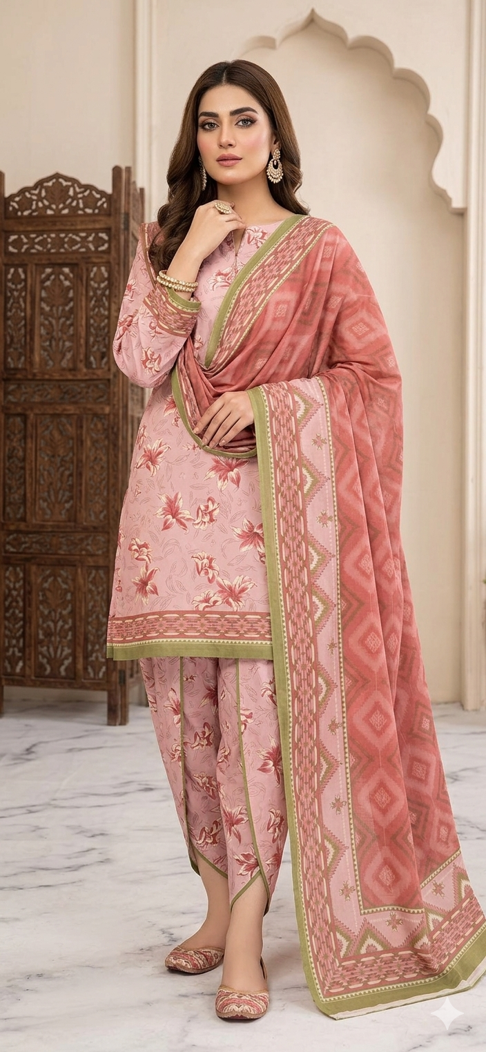 3pc lawn pink printed suit