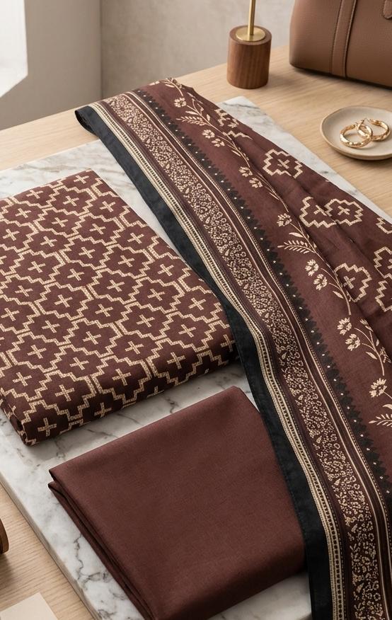 3pc lawn brown printed suit
