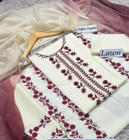 3pc lawn embroided red & white suit