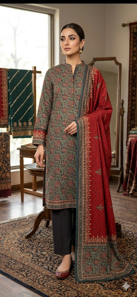 3Pc Lawn maroon grey suit