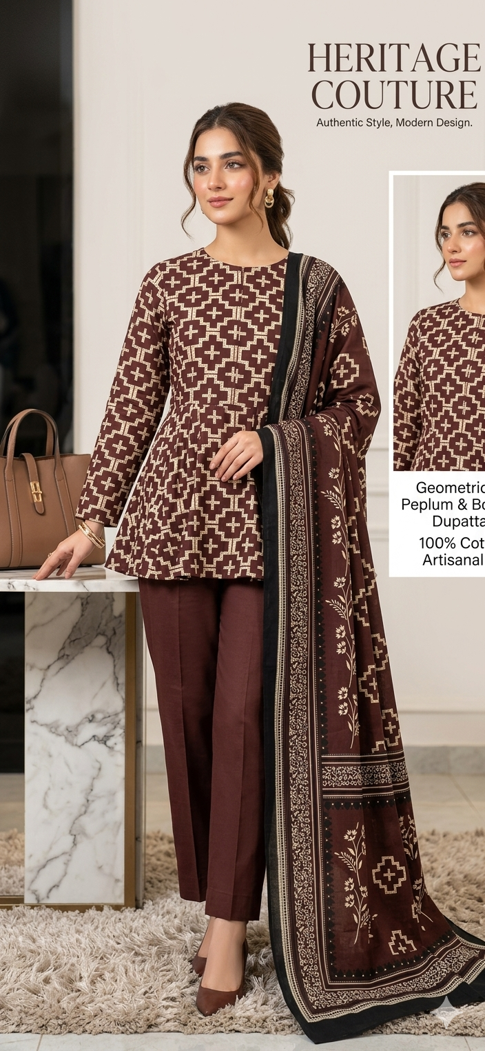 3pc lawn brown printed suit
