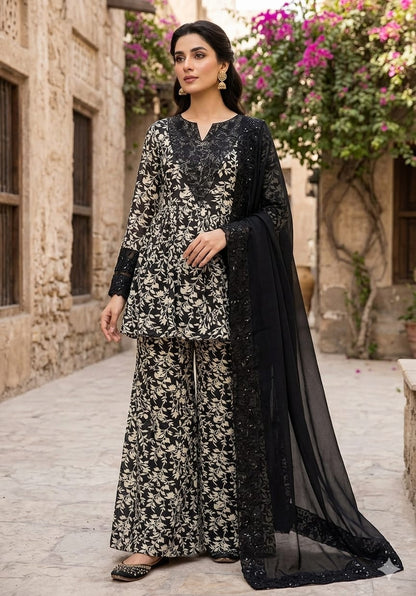 3pc lawn embroided black suit