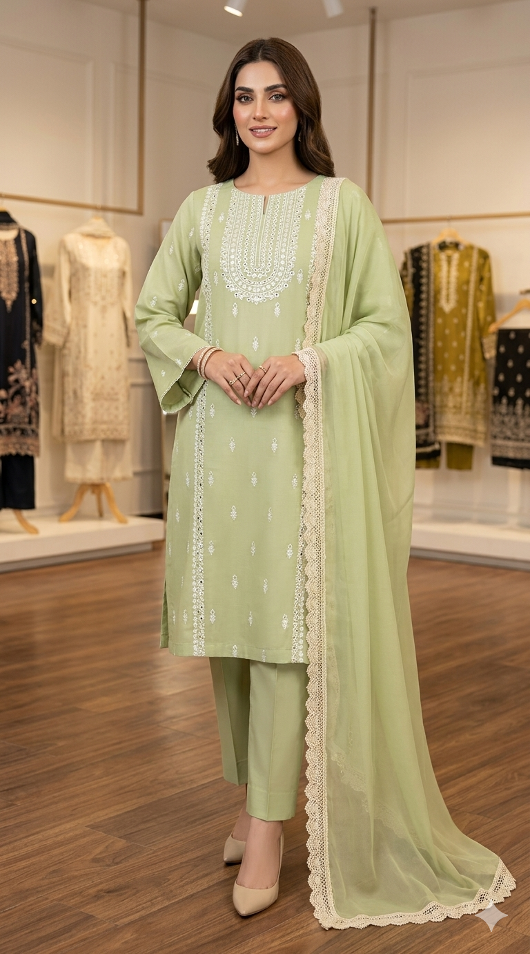 3pc lawn embroided pistachio suit