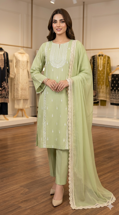3pc lawn embroided pistachio suit