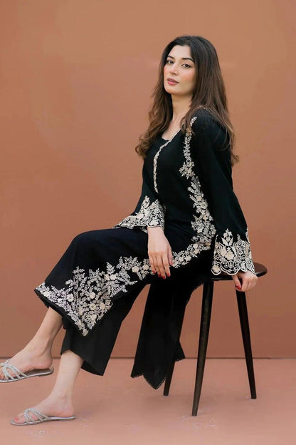 MS 2pc lawn embroided black suit