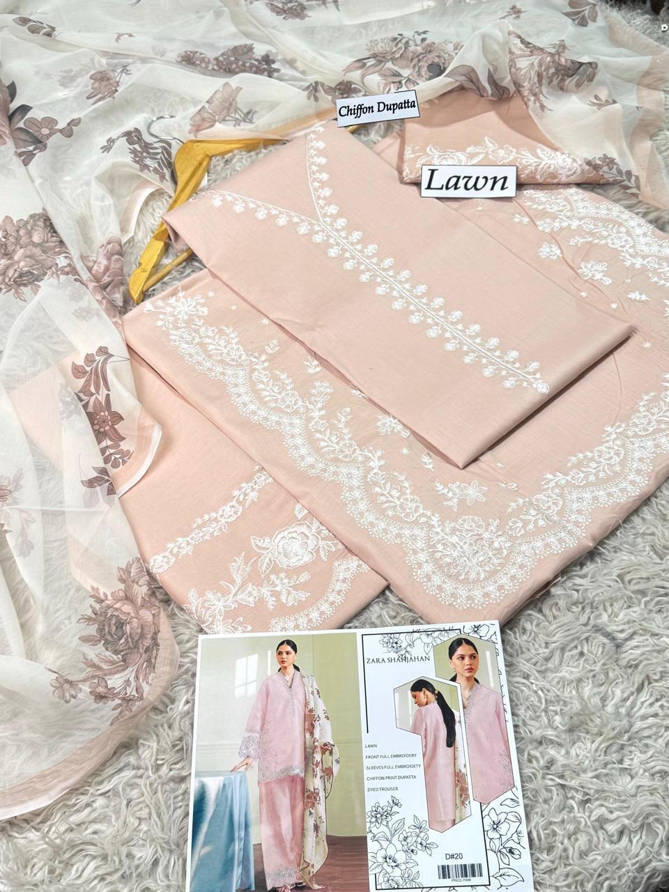3Pc lawn pink embroided suit