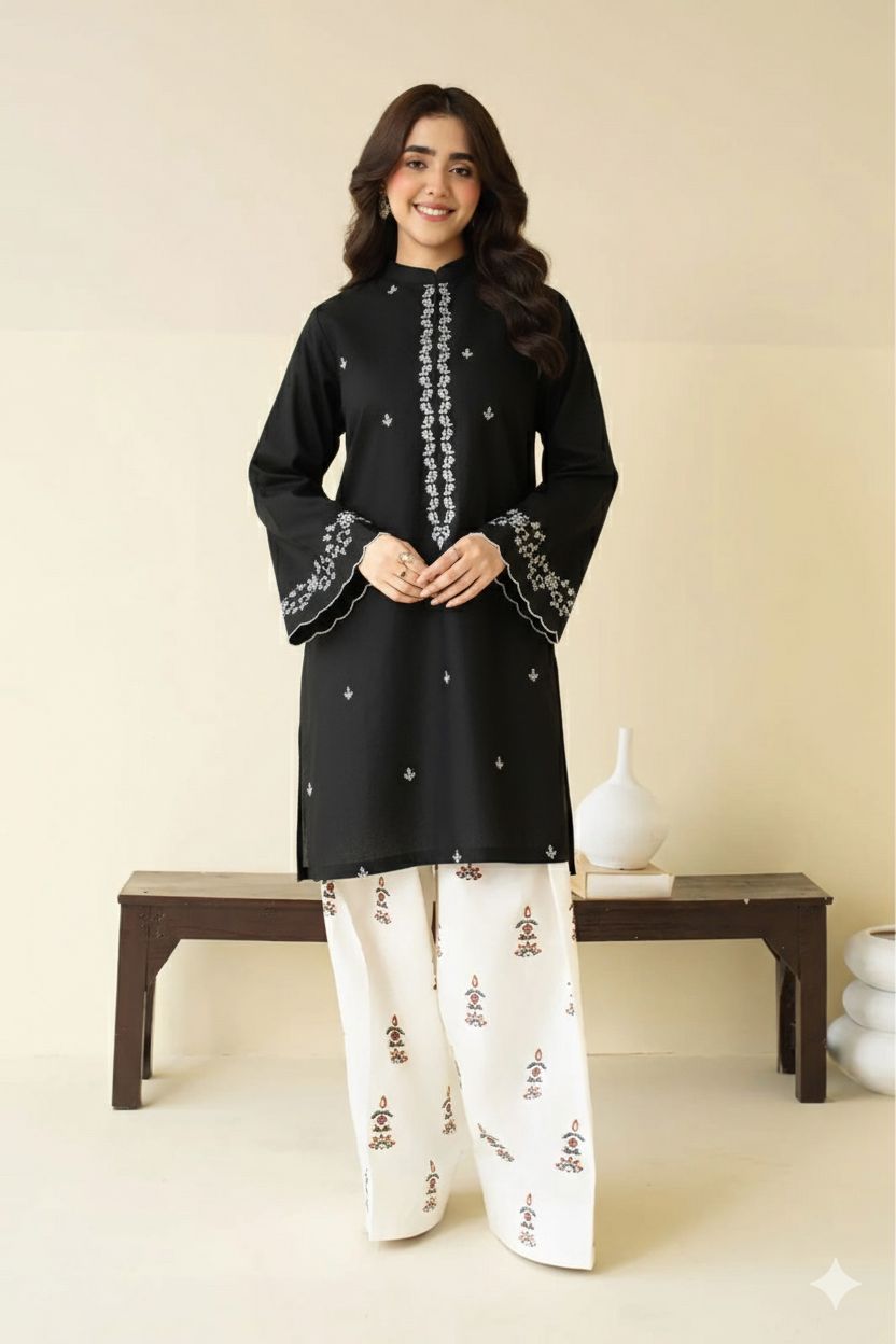2pc lawn embroided black suit