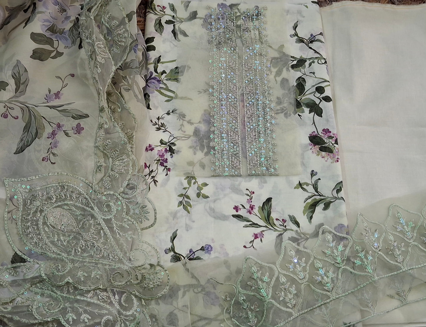 Lawn 3pc embroided soft mint green suit