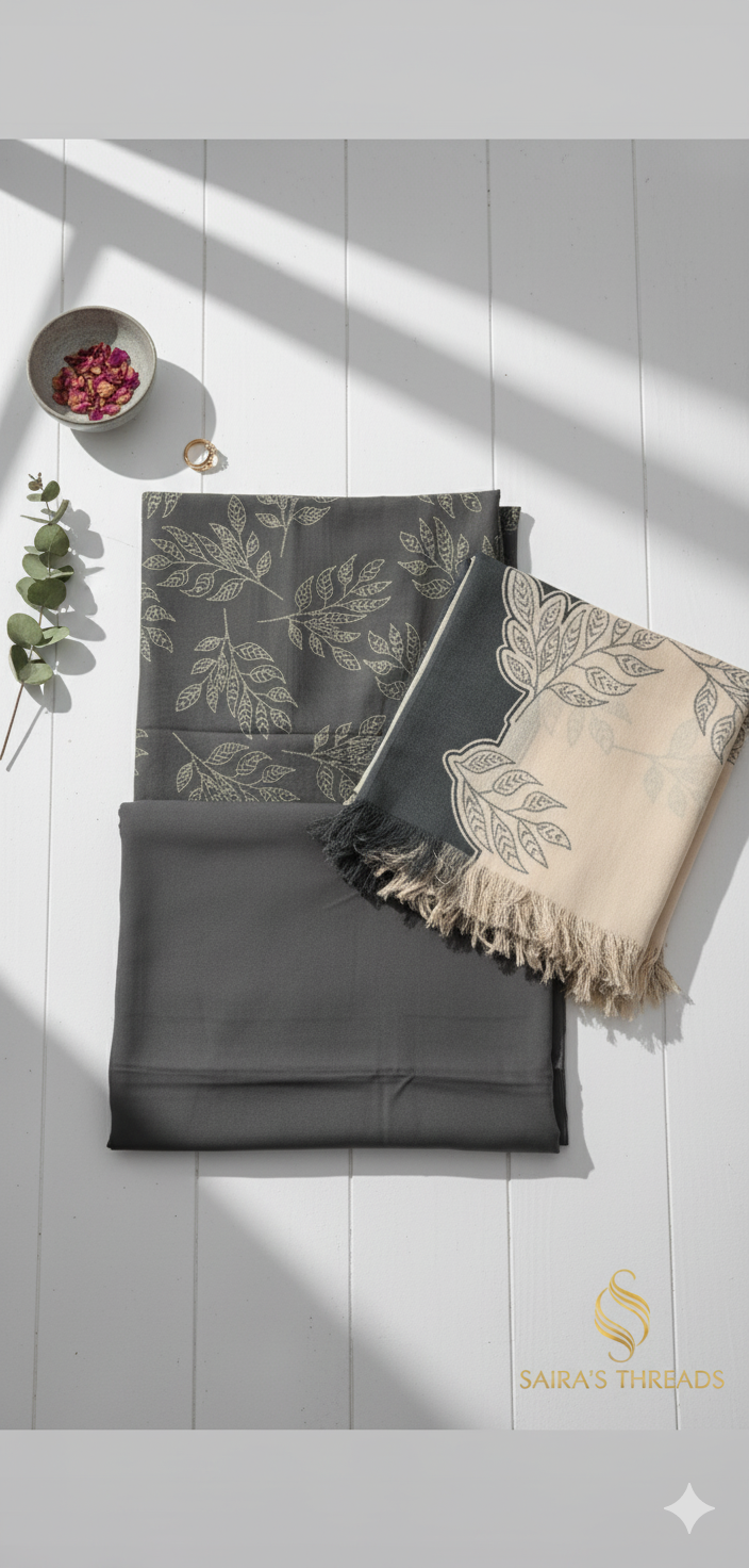 MS 3Pc Grey pashmeena Shawl suit