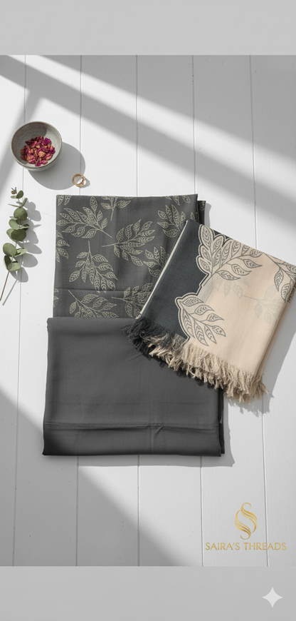 MS 3Pc Grey pashmeena Shawl suit