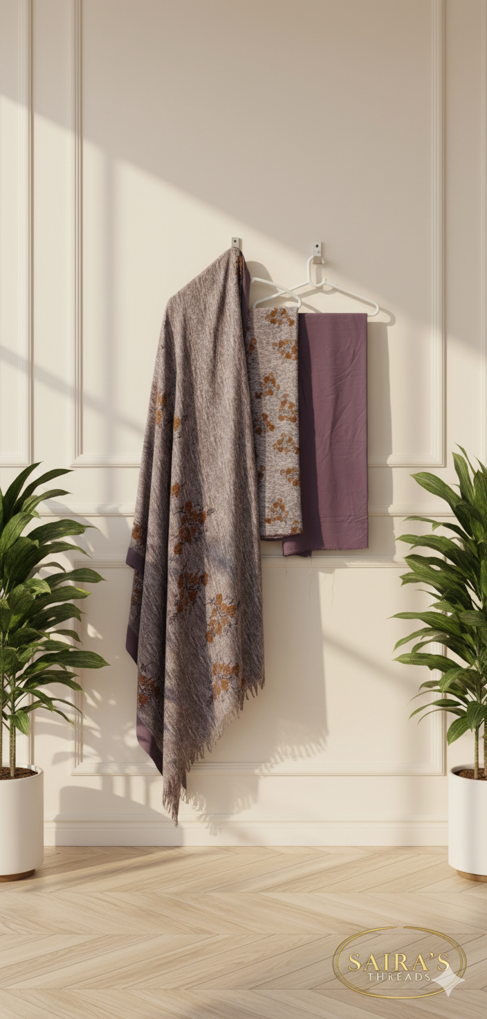 MS 3Pc Plum Pashmeena Shawl suit