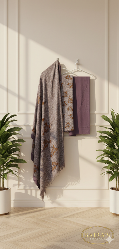 MS 3Pc Plum Pashmeena Shawl suit