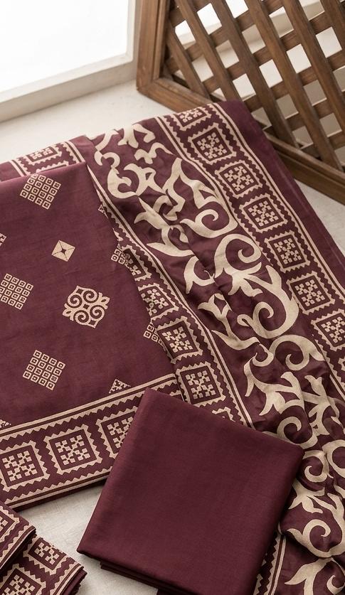 3pc lawn maroon printed suit