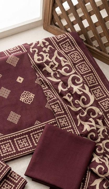3pc lawn maroon printed suit