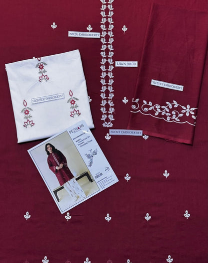 2pc lawn embroided maroon suit
