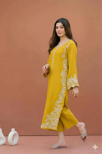 2pc lawn embroided lemon green suit