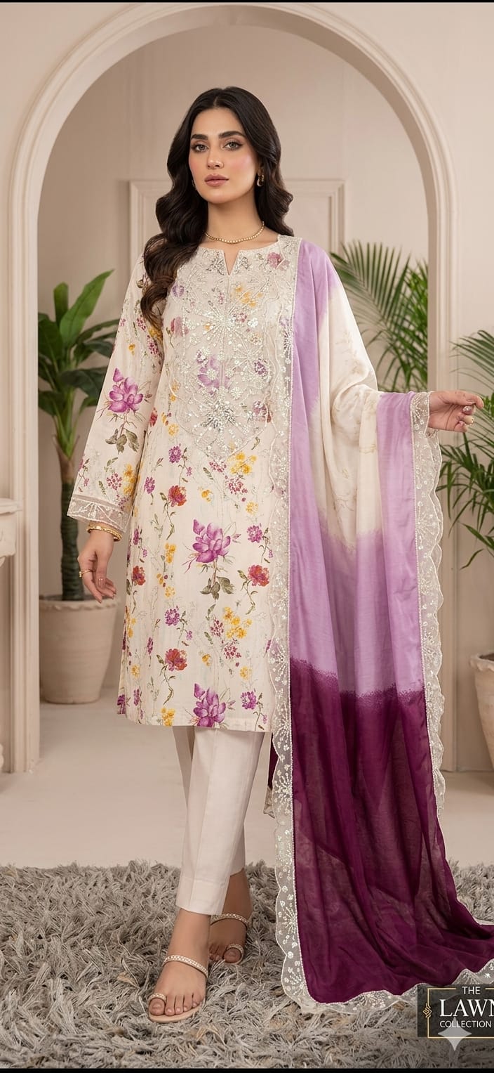3pc lawn embroided creamy pink suit