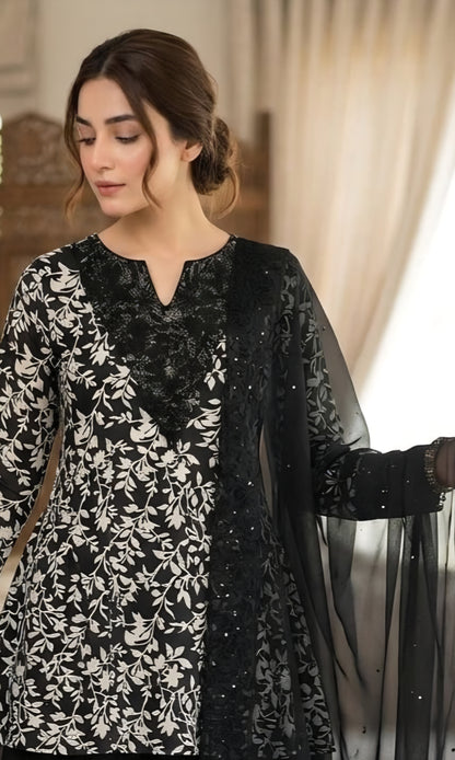 3pc lawn embroided black suit