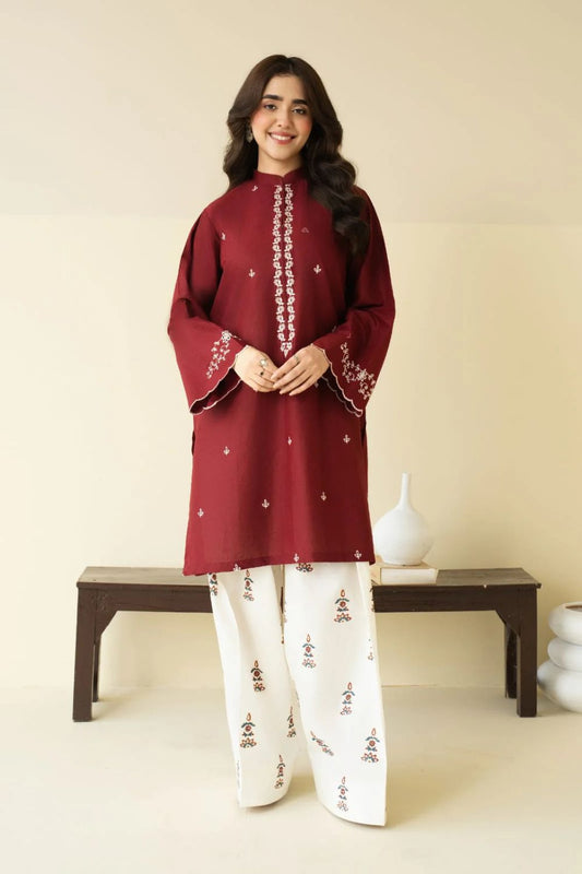 2pc lawn embroided maroon suit