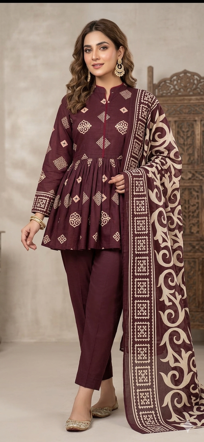 3pc lawn maroon printed suit