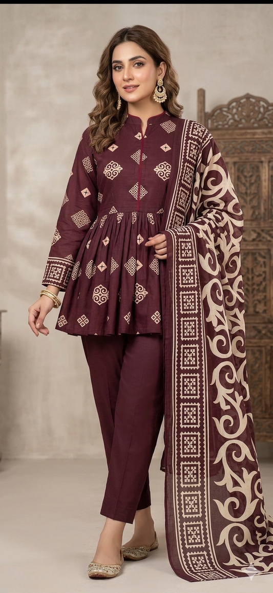 3pc lawn maroon printed suit