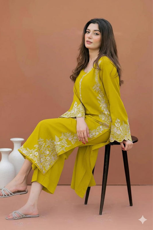 2pc lawn embroided lemon green suit