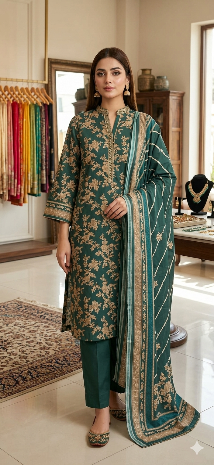 3Pc Lawn bottle green suit