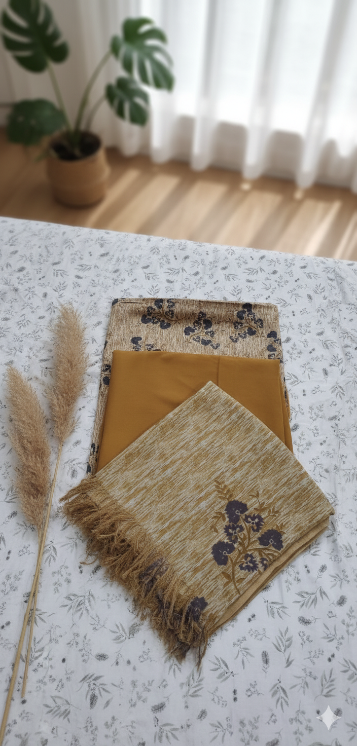 MS 3Pc Mustard Pashmeena Shawl suit