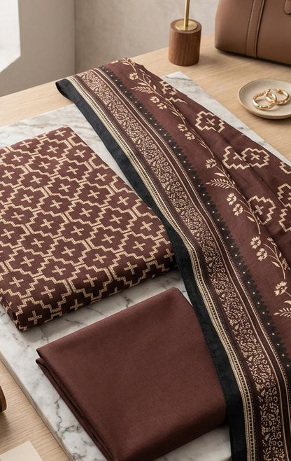 3pc lawn brown printed suit