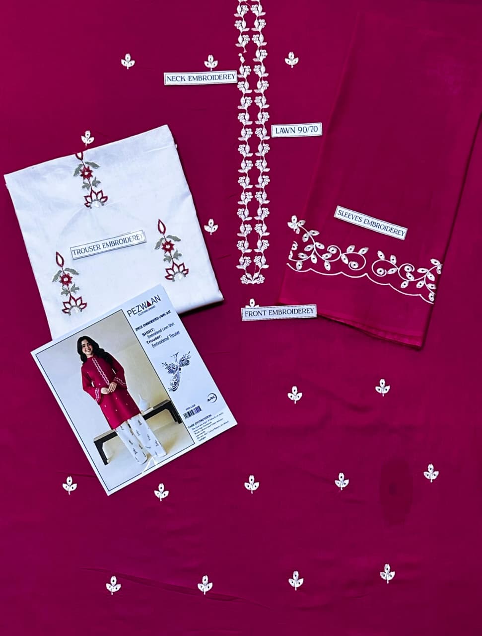 2pc lawn embroided cherry red suit