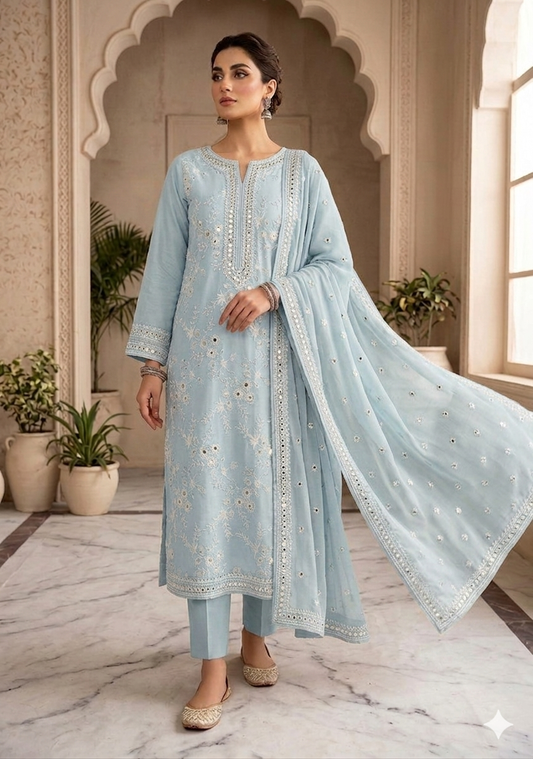 3pc lawn embroided iceblue suit