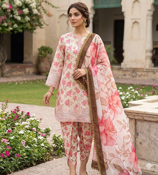 3Pc Lawn embroided pink suit