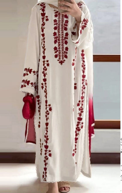 3pc lawn embroided red & white suit
