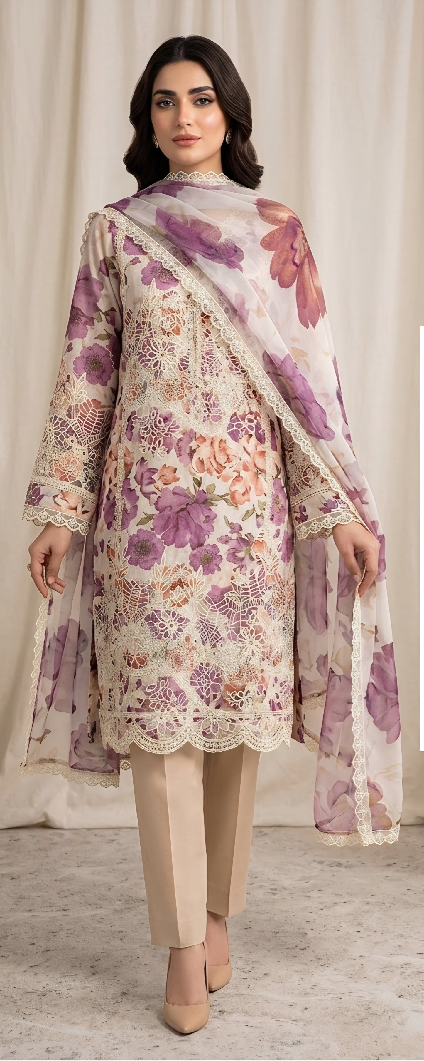 Lawn 3pc cream chikenkari suit