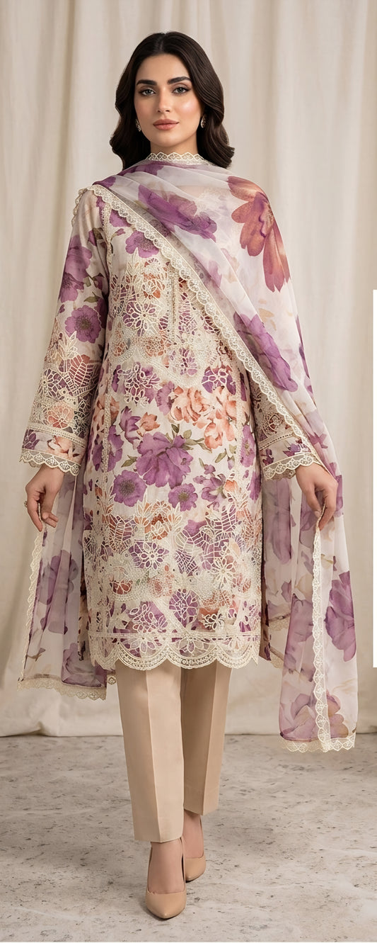 Lawn 3pc cream chikenkari suit