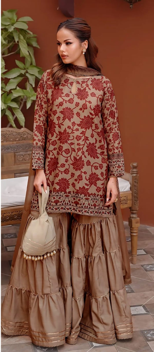 3pc lawn embroided skin suit