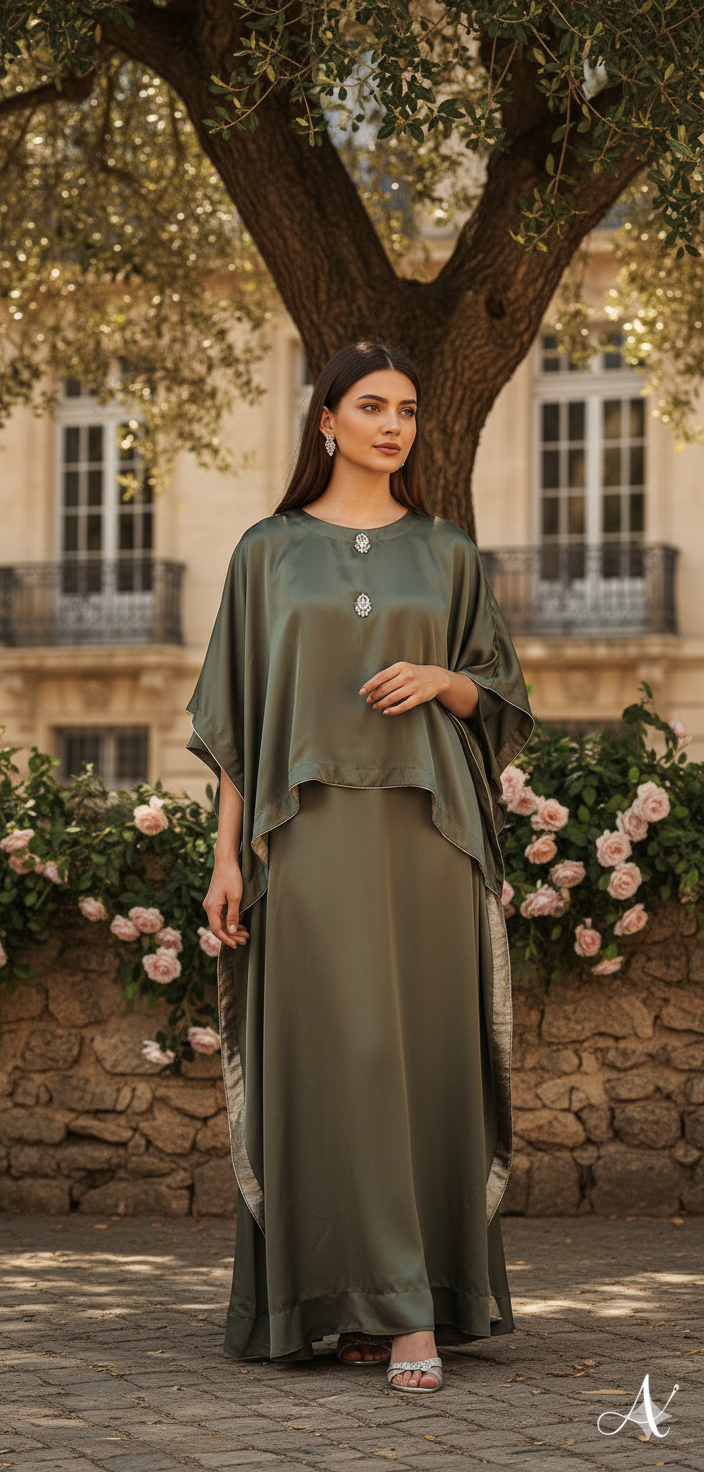 MS 2pc olive green silk dress