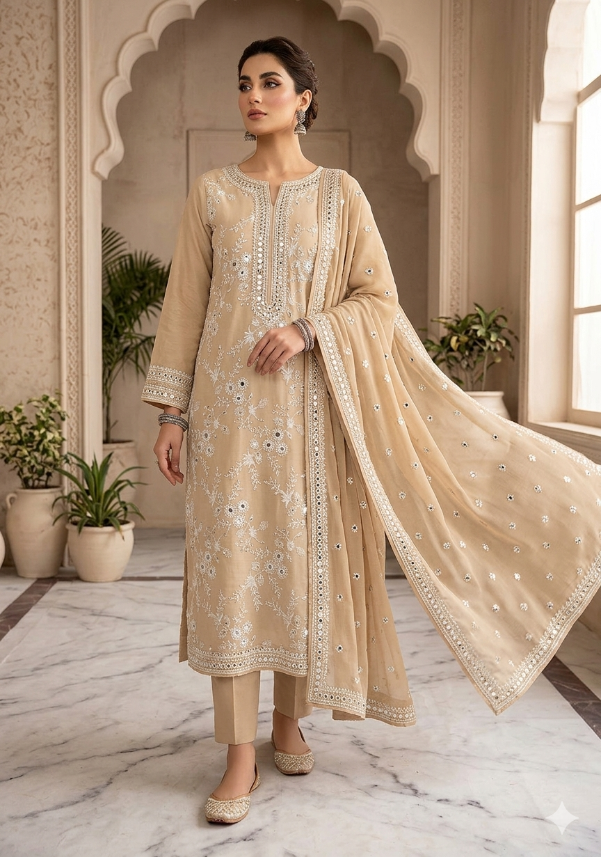 3pc lawn mirror embroided skin suit