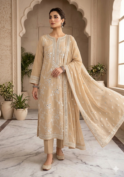 3pc lawn mirror embroided skin suit