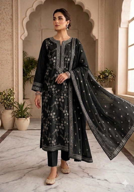 3pc lawn embroided black suit