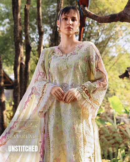 3pc lawn chikenkari lemon unstitched suit