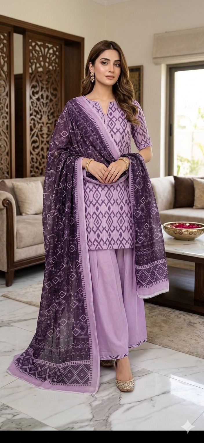 3pc lawn lilac printed suit