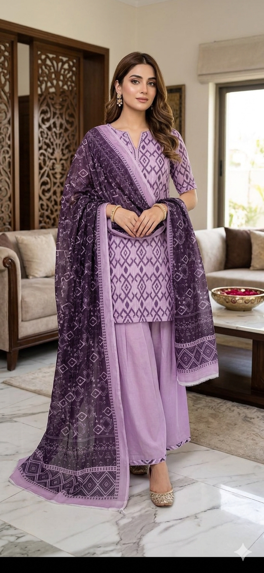 3pc lawn lilac printed suit
