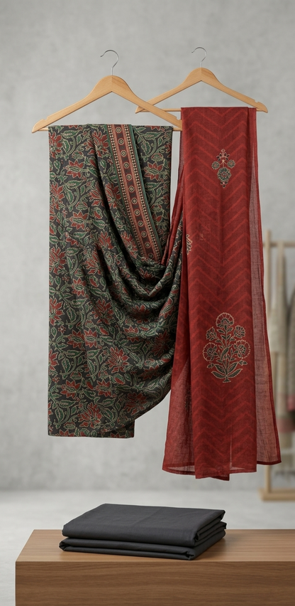 3Pc Lawn maroon grey suit